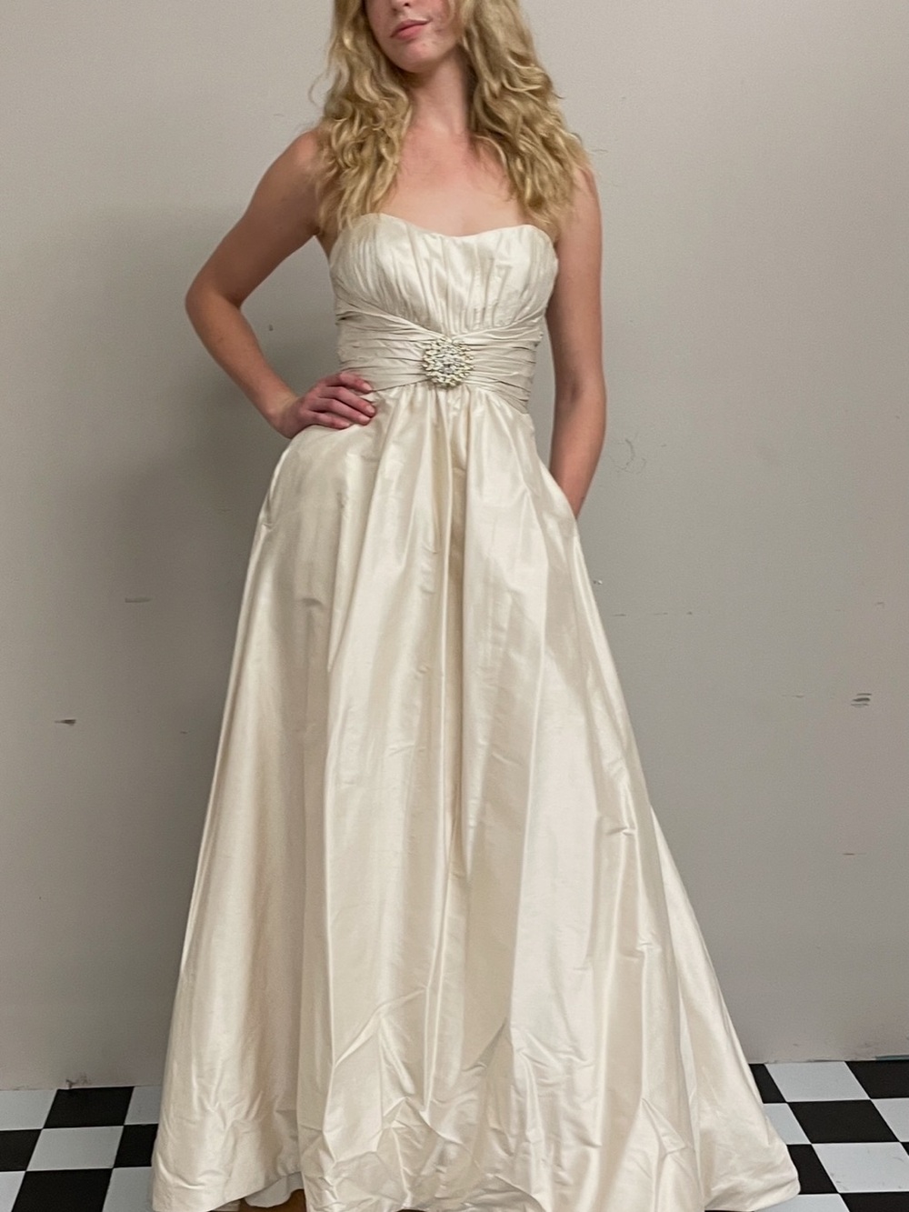 Strapless Ivory Satin Evening Gown with Brooch